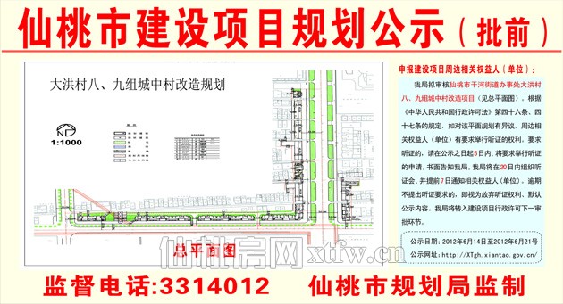 仙桃市大洪村八、九組城中村改造項(xiàng)目批前公示