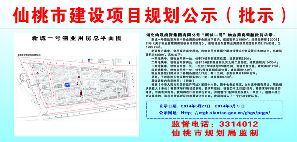 湖北仙晟投资集团有限公司新城壹号物业用房调整批前公示