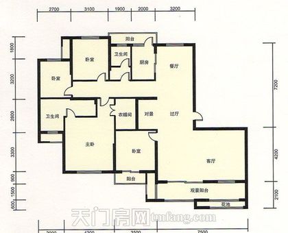 天门新城学府雍景湾A1-1+户型 4室2厅2卫 建筑面积:
